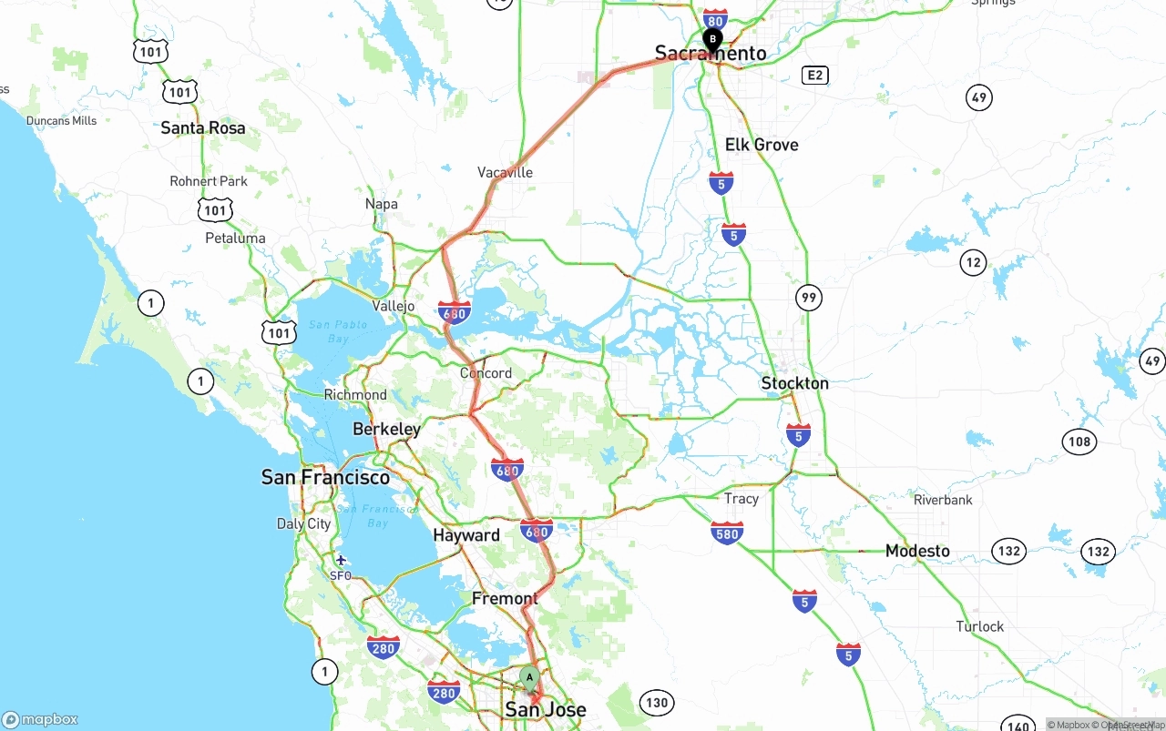 Shipping route from Norman Y. Mineta San Jose International Airport to Sacramento
