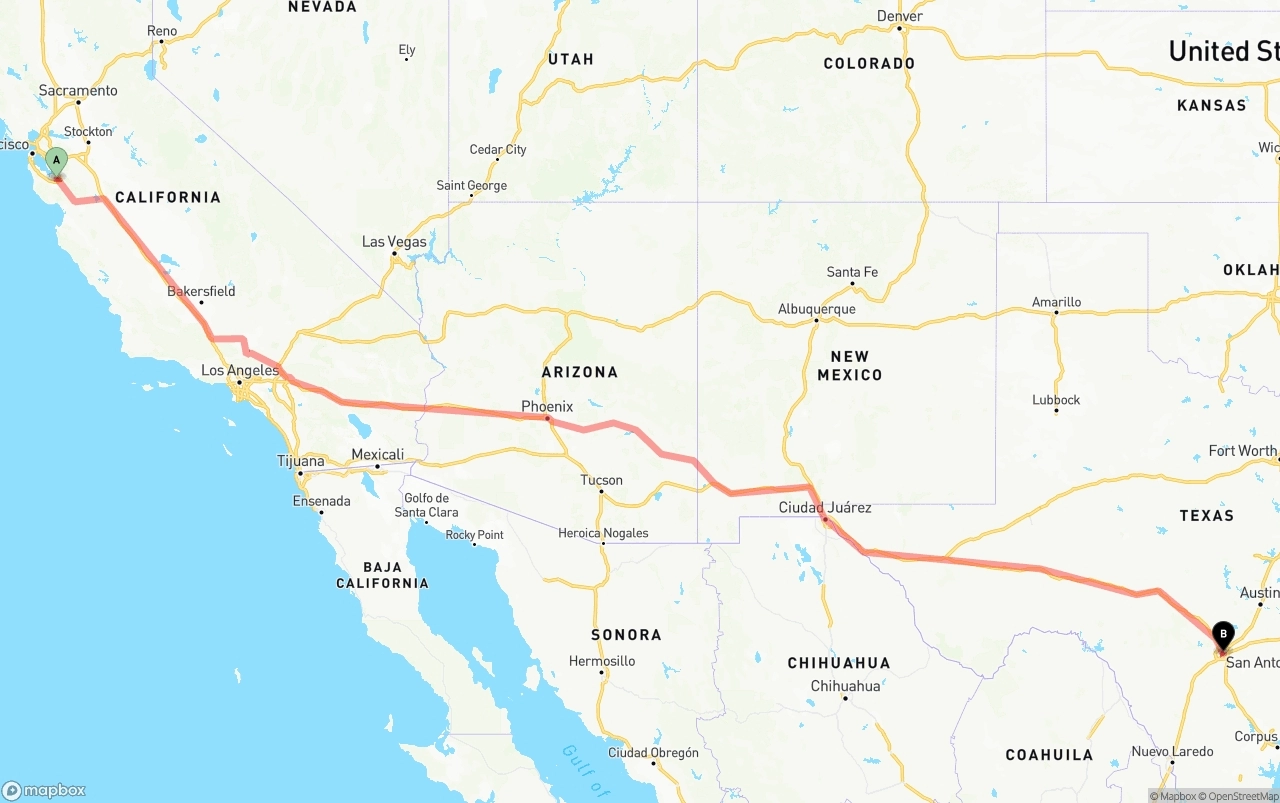 Shipping route from Norman Y. Mineta San Jose International Airport to San Antonio