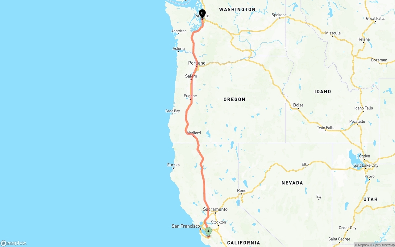 Shipping route from Norman Y. Mineta San Jose International Airport to Seattle