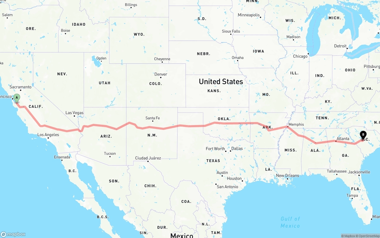 Shipping route from Norman Y. Mineta San Jose International Airport to South Carolina
