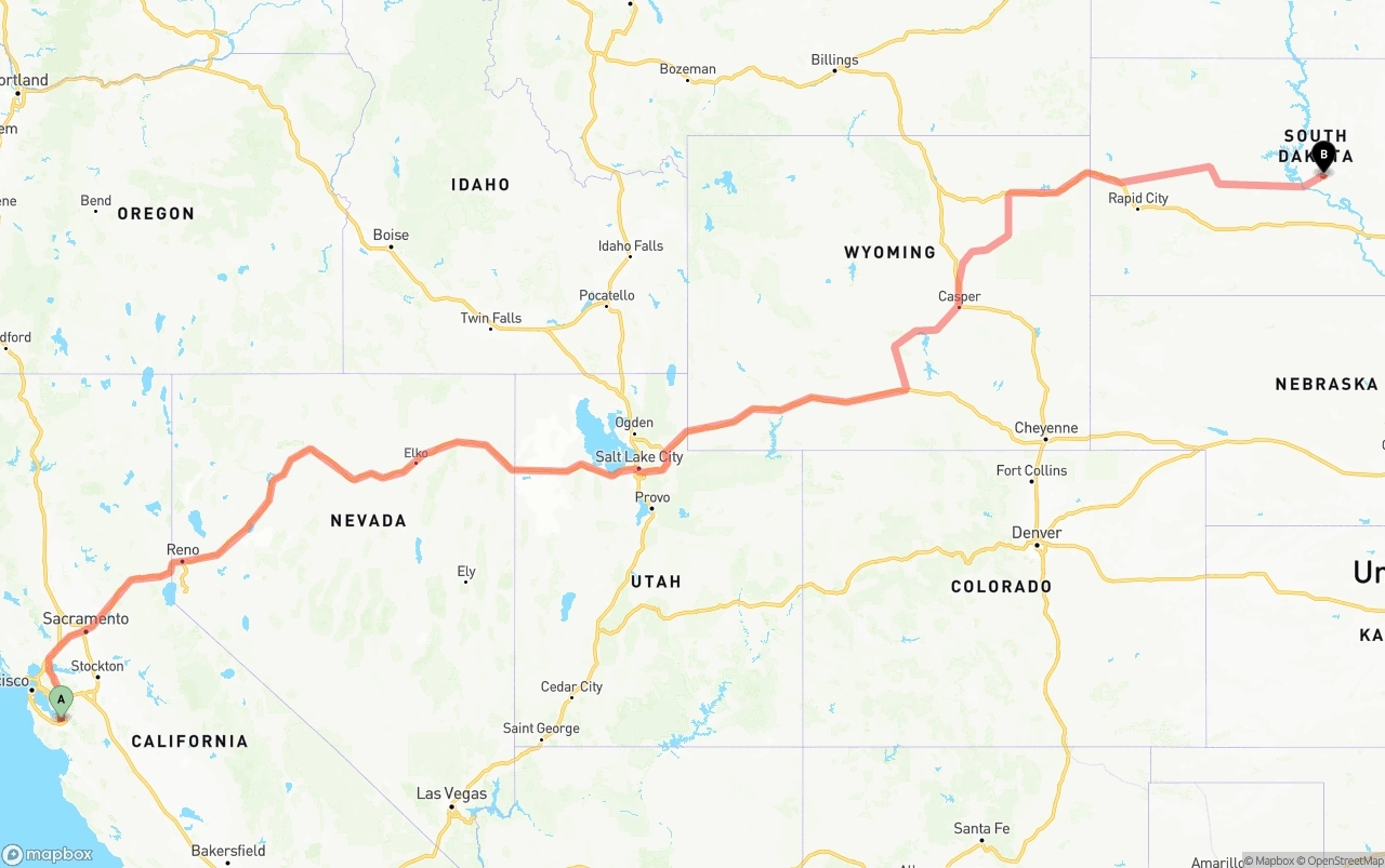 Shipping route from Norman Y. Mineta San Jose International Airport to South Dakota