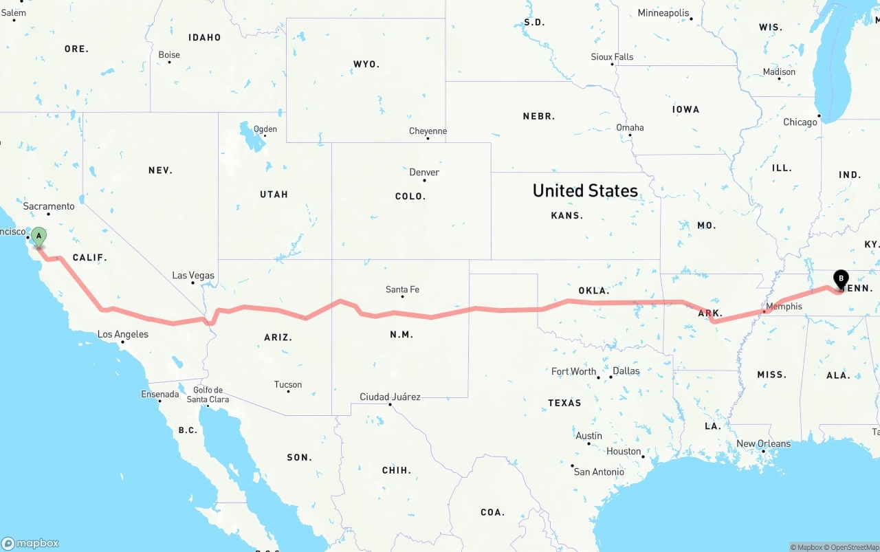 Shipping route from Norman Y. Mineta San Jose International Airport to Tennessee