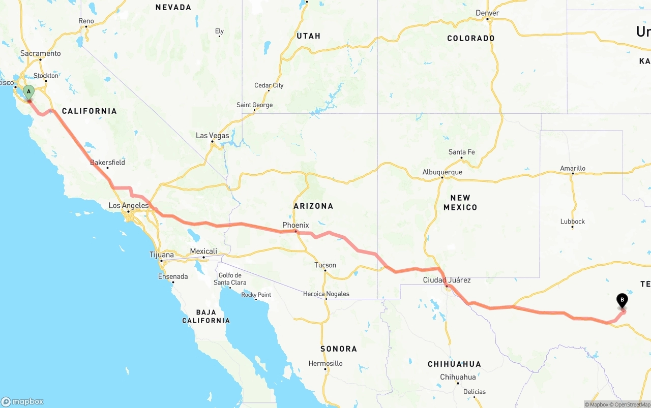 Shipping route from Norman Y. Mineta San Jose International Airport to Texas