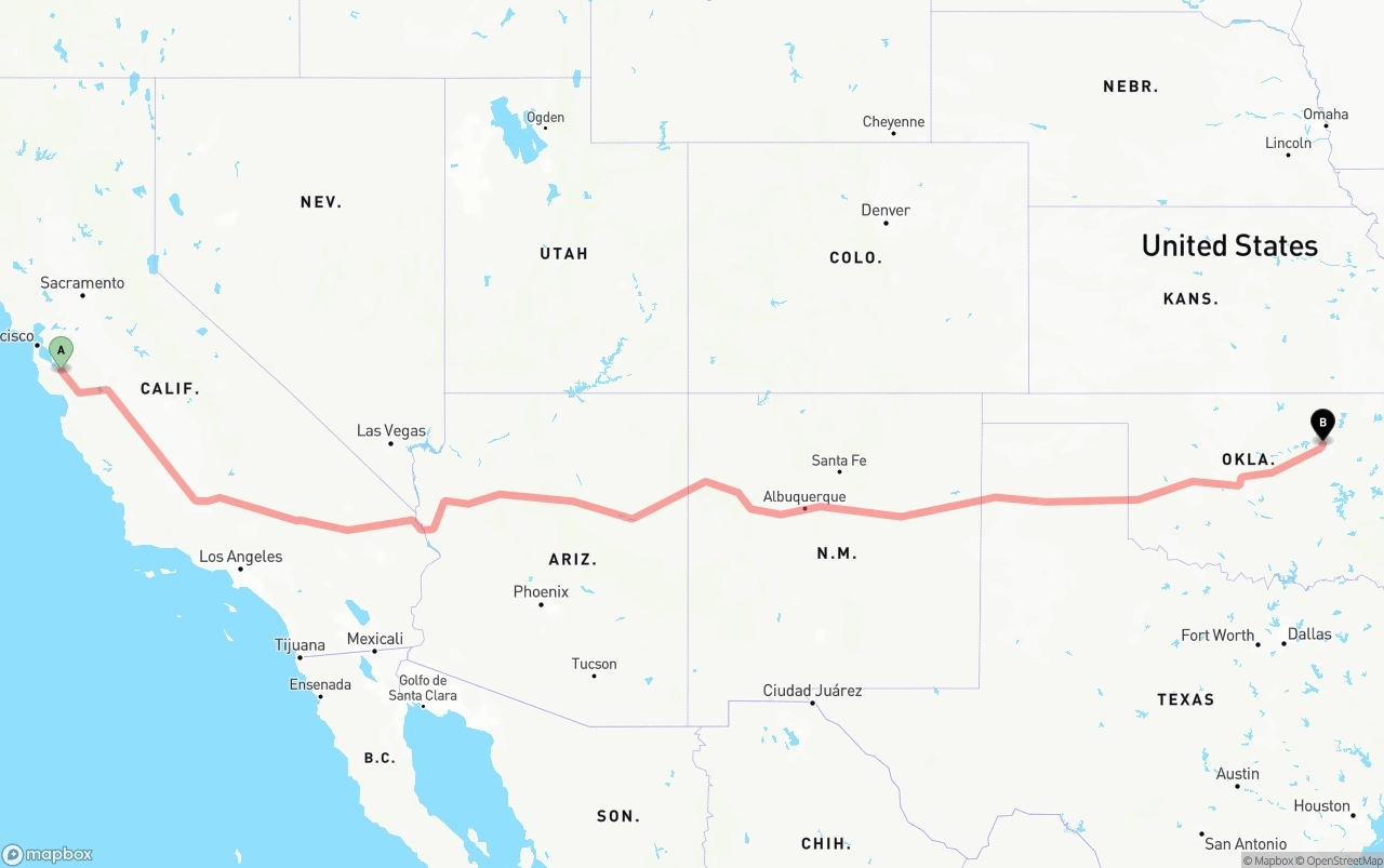 Shipping route from Norman Y. Mineta San Jose International Airport to Tulsa