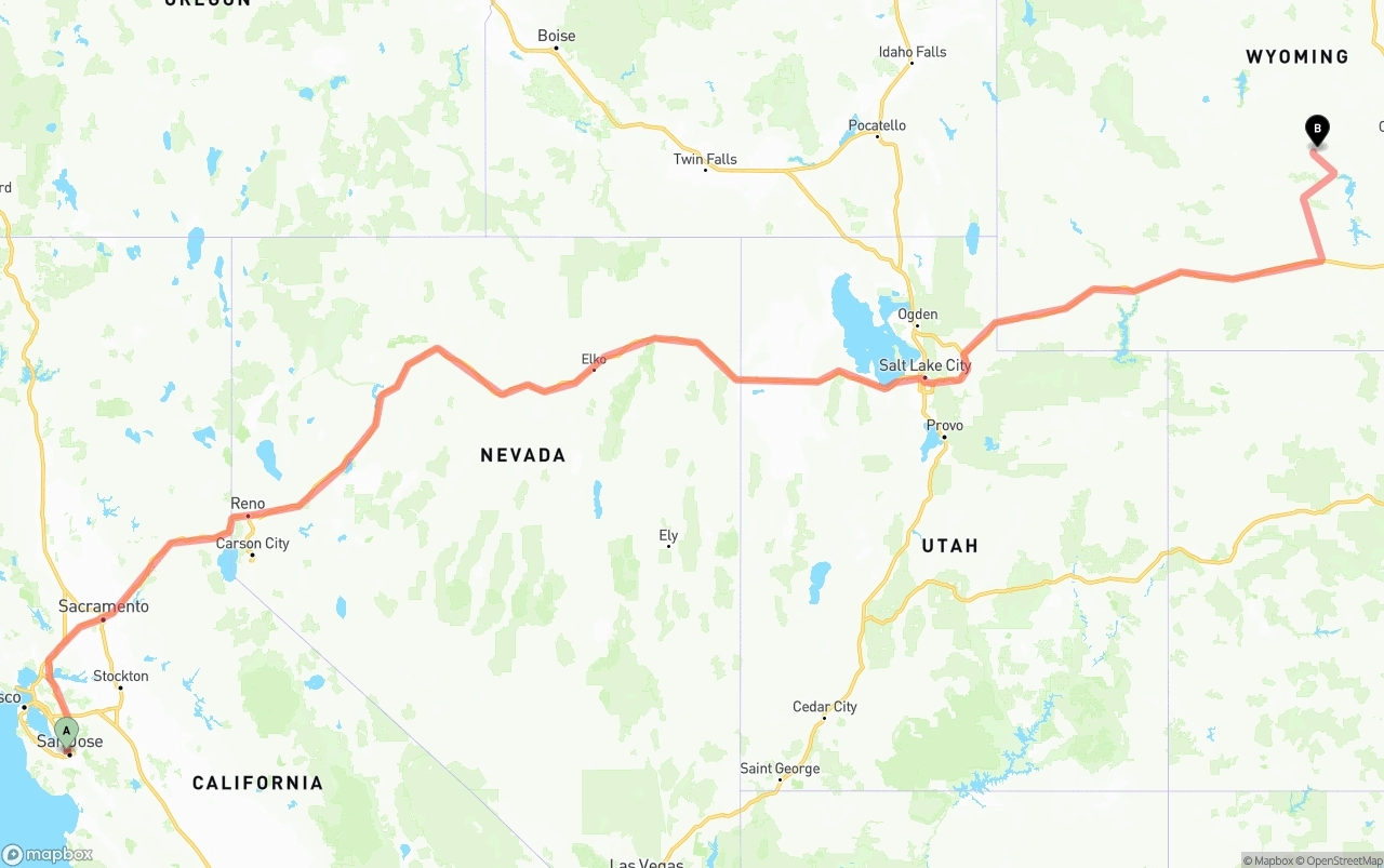 Shipping route from Norman Y. Mineta San Jose International Airport to Wyoming