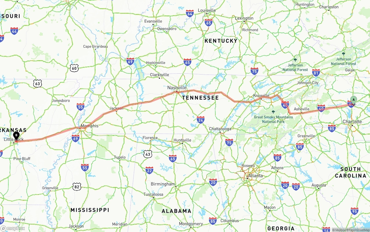 Shipping route from North Carolina to Arkansas