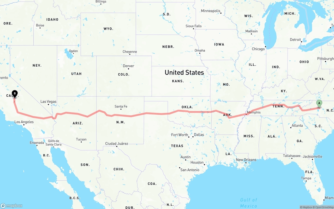 Shipping route from North Carolina to California