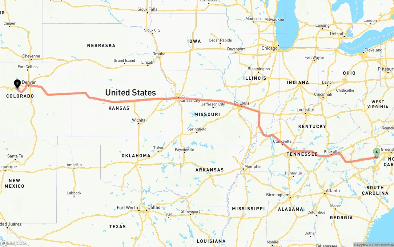 Shipping route from North Carolina to Colorado