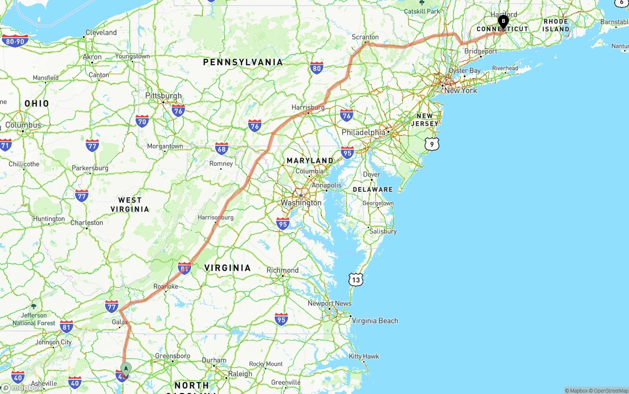 Shipping route from North Carolina to Connecticut