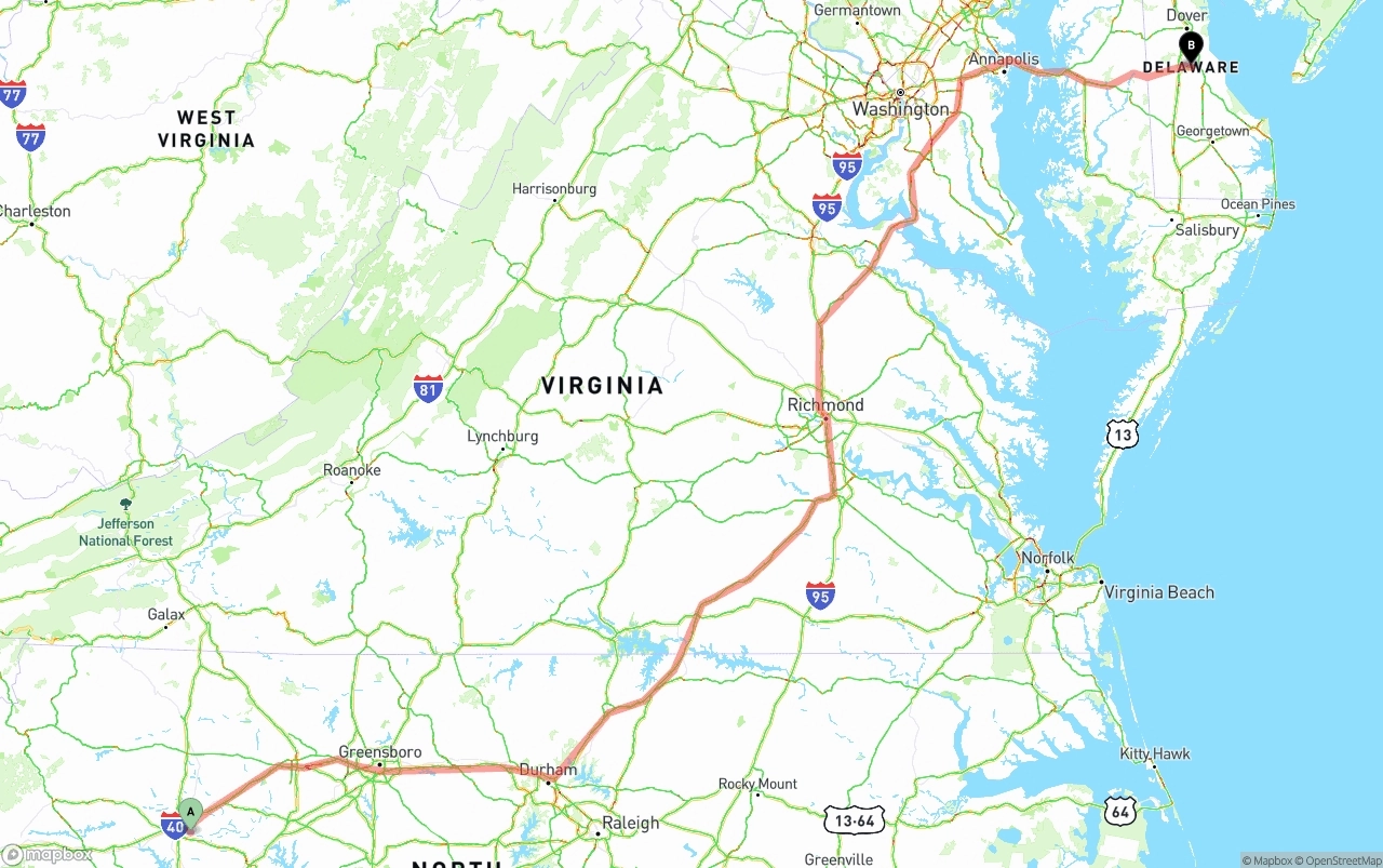 Shipping route from North Carolina to Delaware