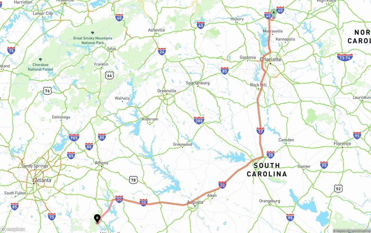 Shipping route from North Carolina to Georgia