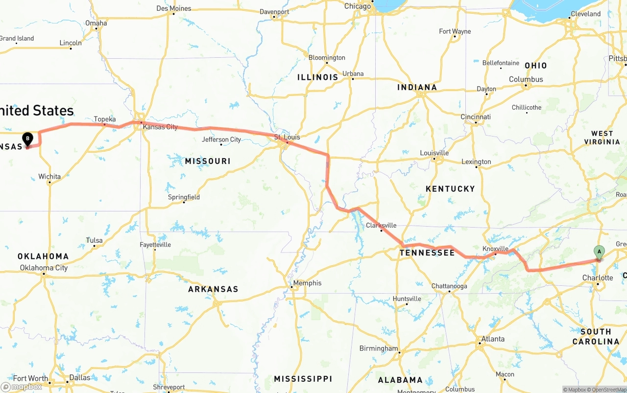 Shipping route from North Carolina to Kansas