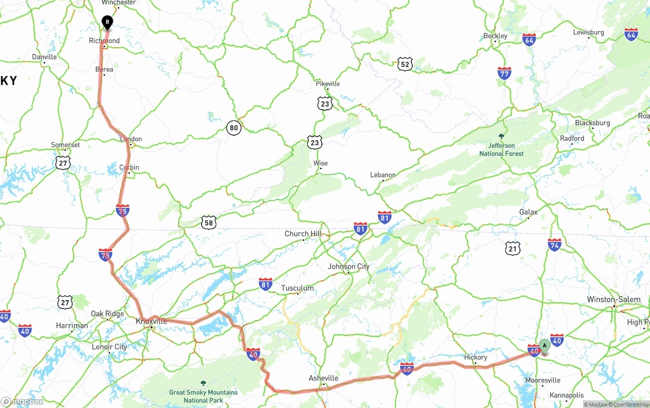 Shipping route from North Carolina to Kentucky