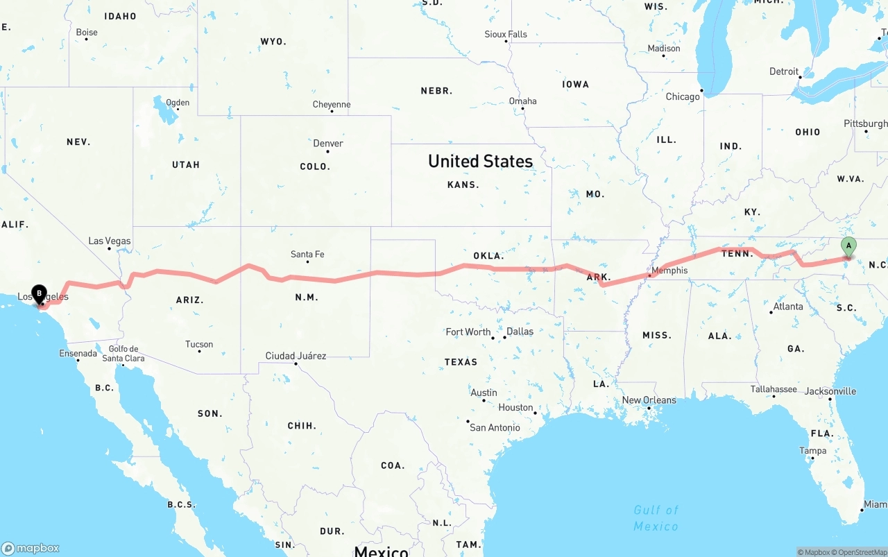 Shipping route from North Carolina to Los Angeles International Airport