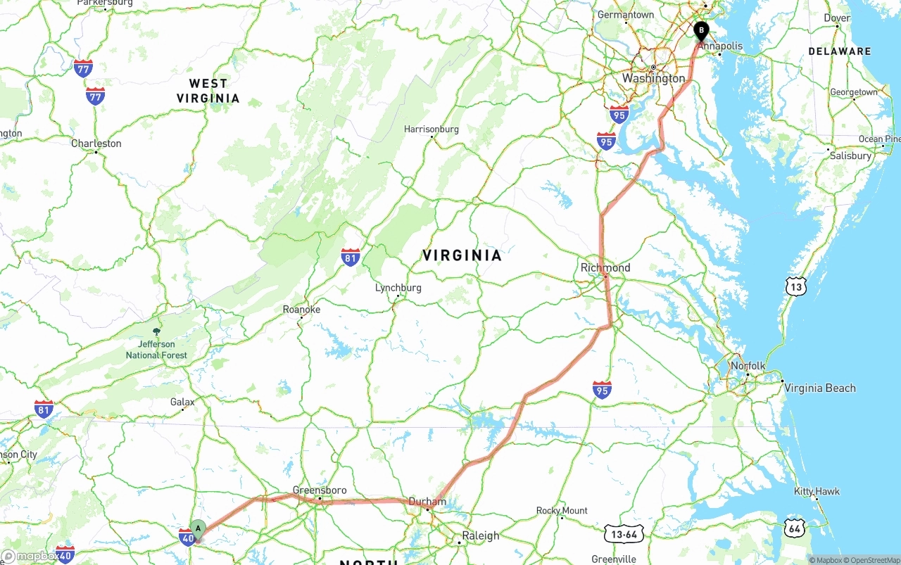 Shipping route from North Carolina to Maryland