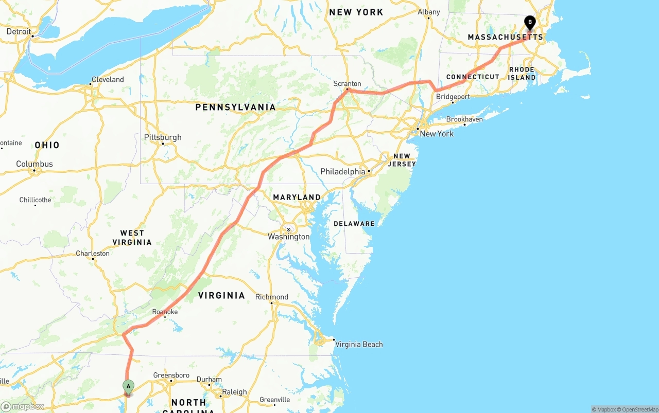 Shipping route from North Carolina to Massachusetts