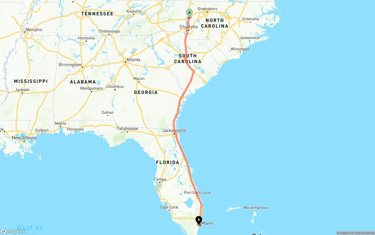 Shipping route from North Carolina to Miami International Airport