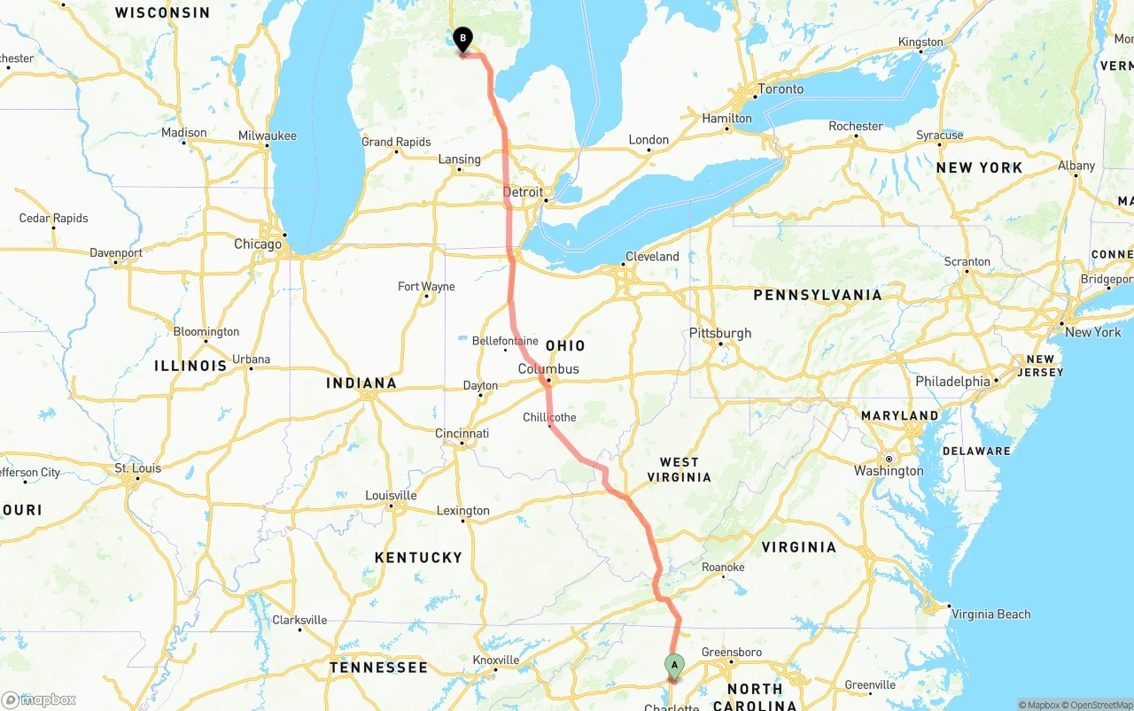 Shipping route from North Carolina to Michigan