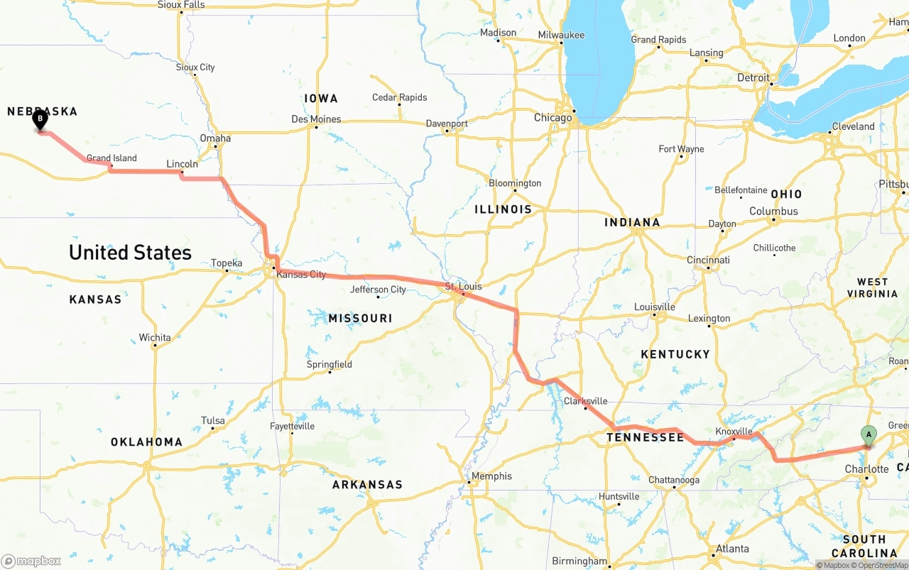 Shipping route from North Carolina to Nebraska