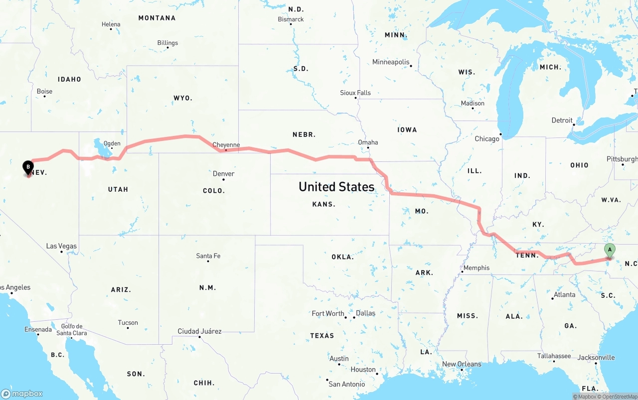 Shipping route from North Carolina to Nevada