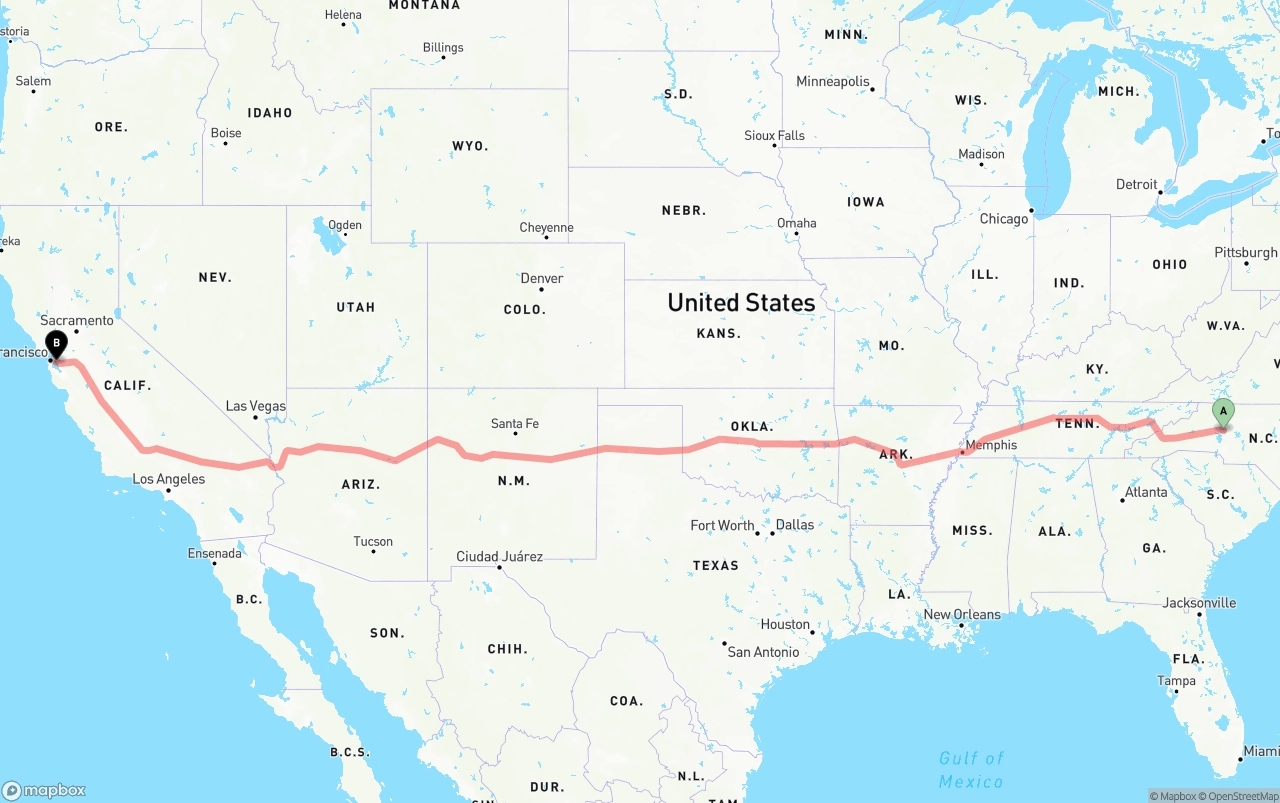Shipping route from North Carolina to Oakland International Airport