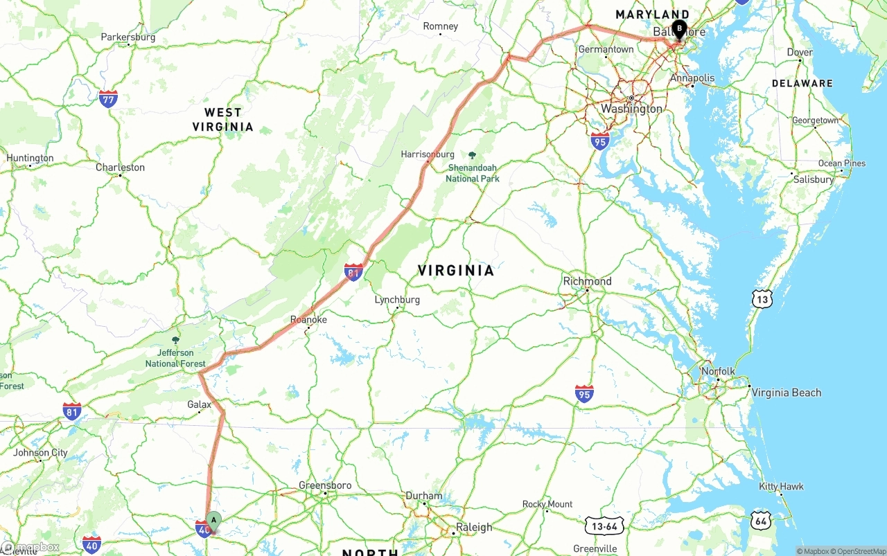 Shipping route from North Carolina to Port of Baltimore
