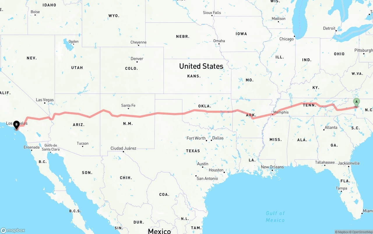 Shipping route from North Carolina to Port of Los Angeles