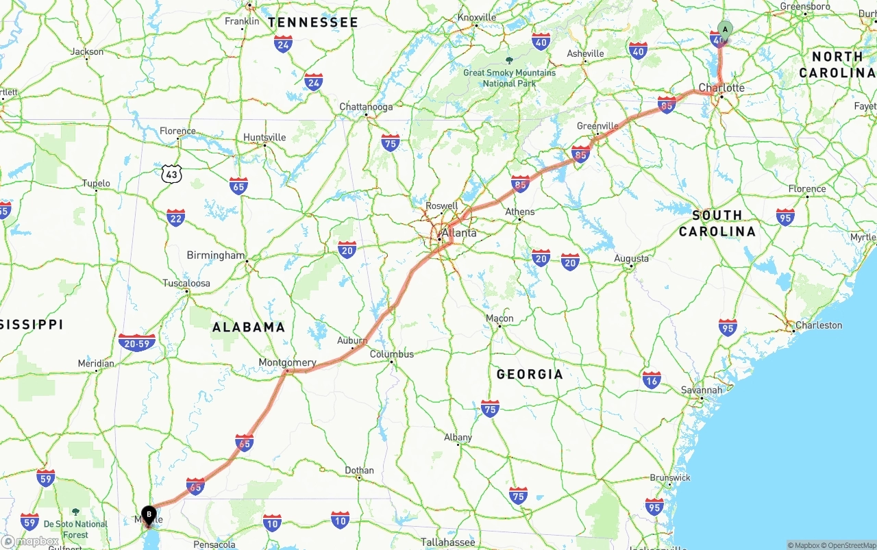 Shipping route from North Carolina to Port of Mobile