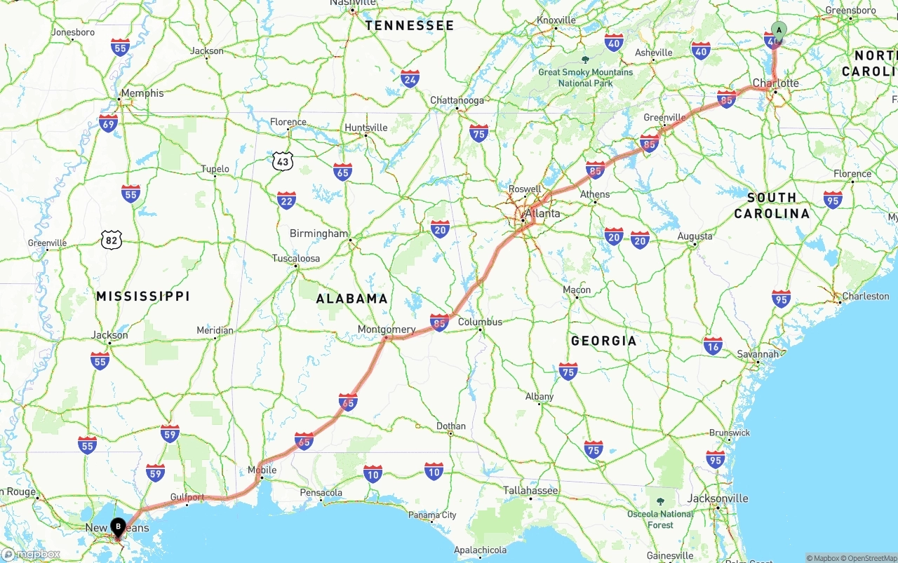 Shipping route from North Carolina to Port of New Orleans