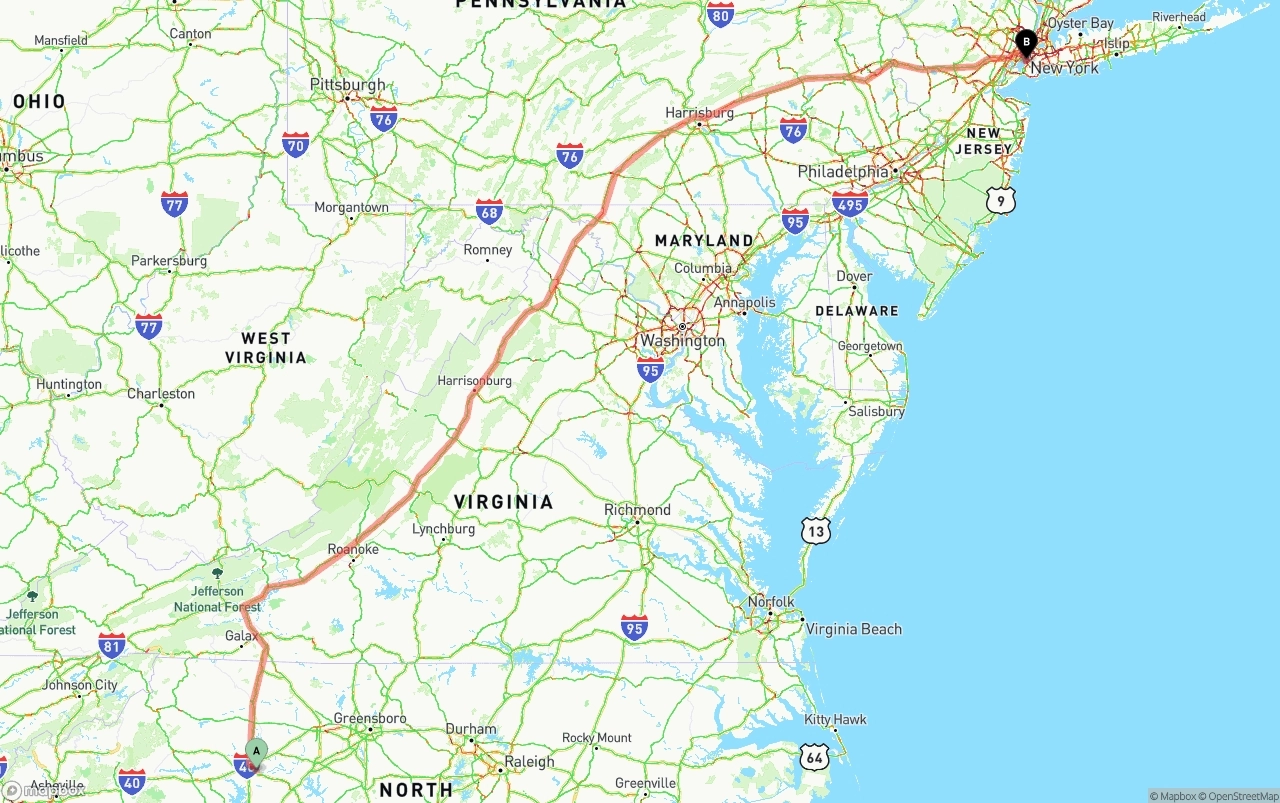 Shipping route from North Carolina to Port of New York