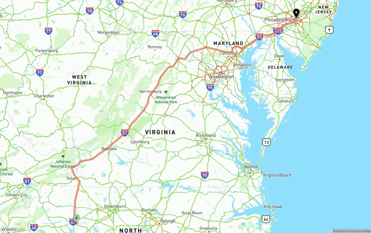 Shipping route from North Carolina to Port of Philadelphia