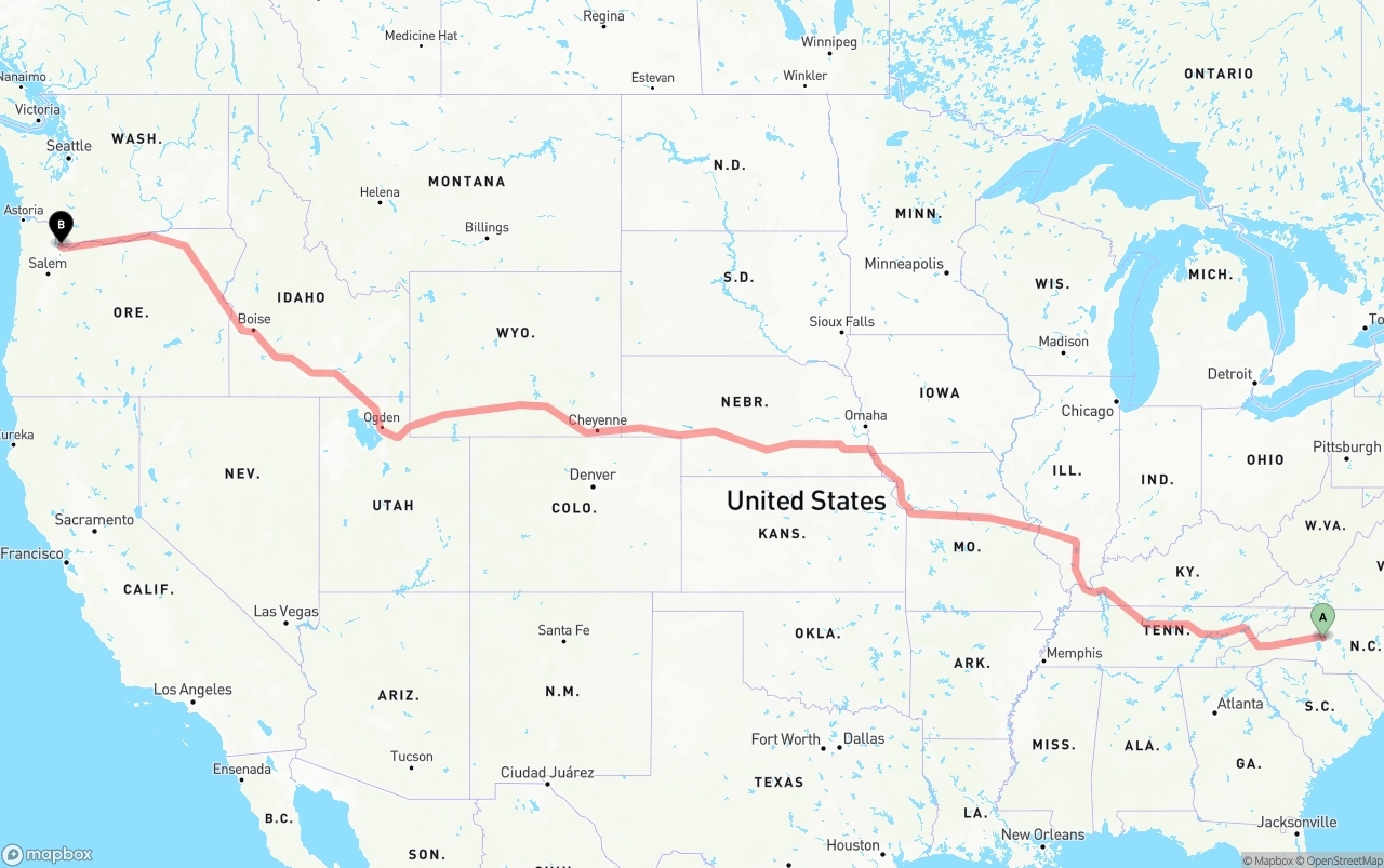 Shipping route from North Carolina to Portland International Airport