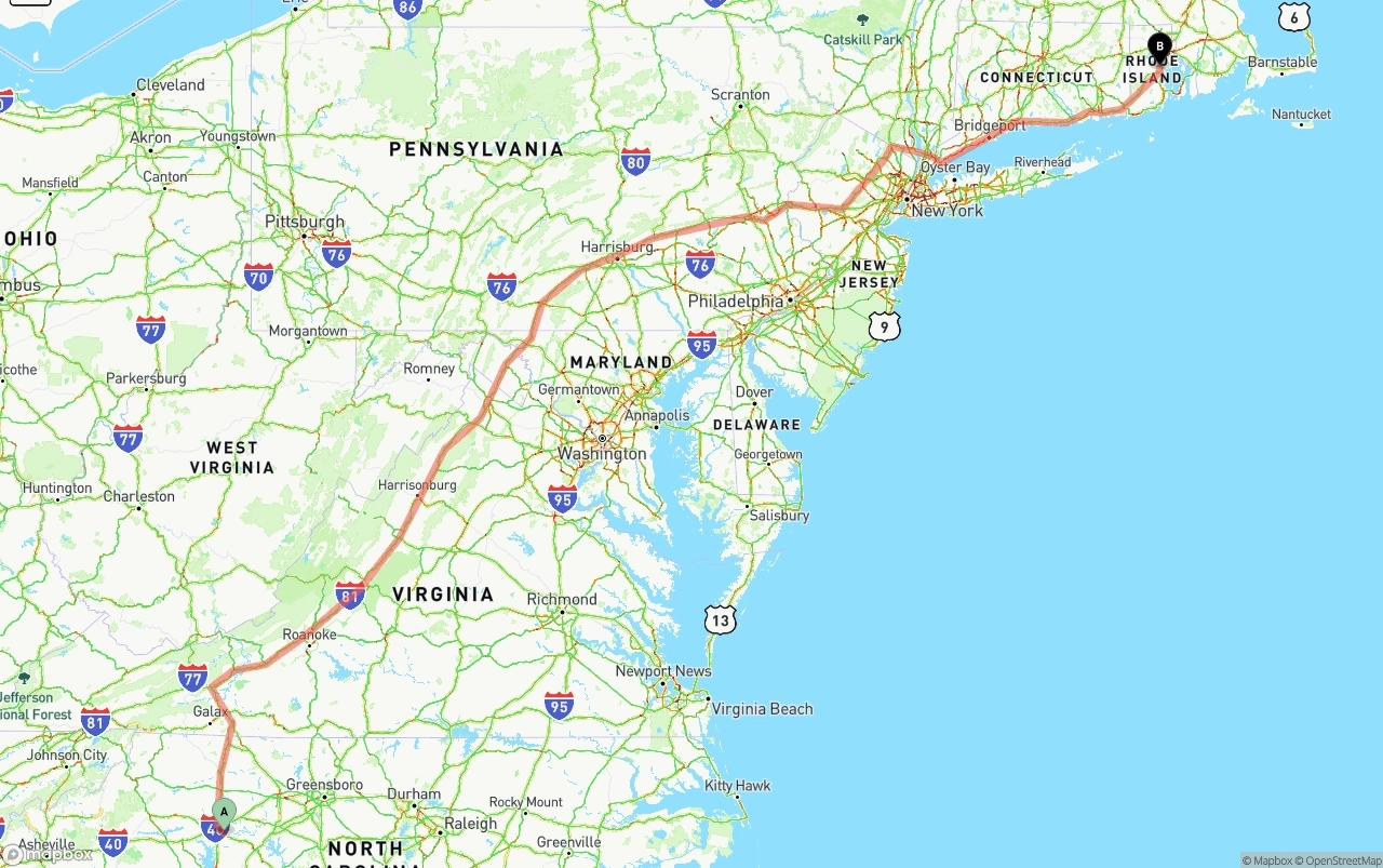 Shipping route from North Carolina to Rhode Island