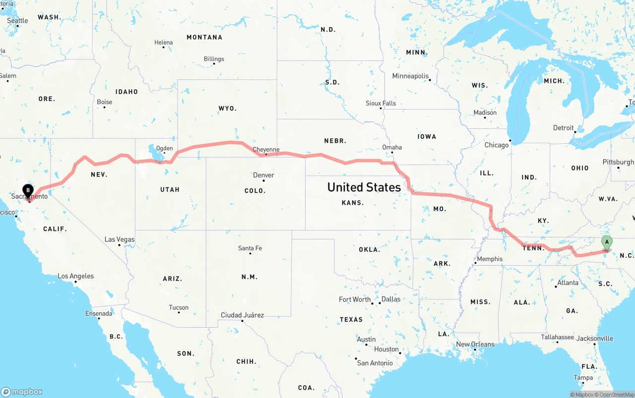 Shipping route from North Carolina to Sacramento International Airport
