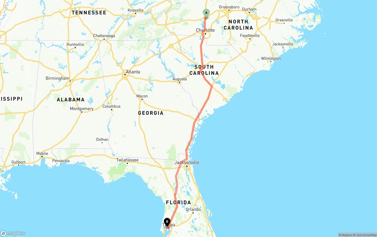 Shipping route from North Carolina to Tampa International Airport