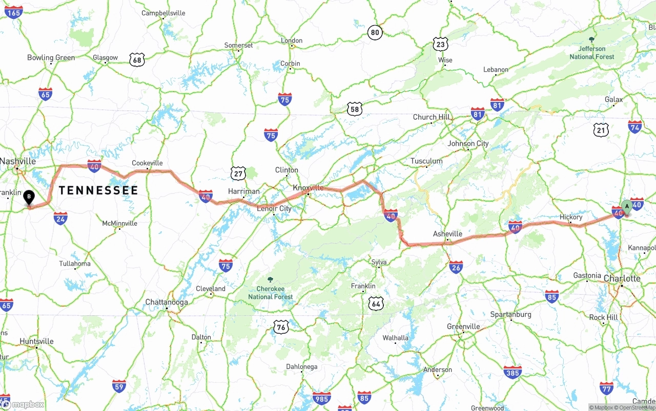 Shipping route from North Carolina to Tennessee