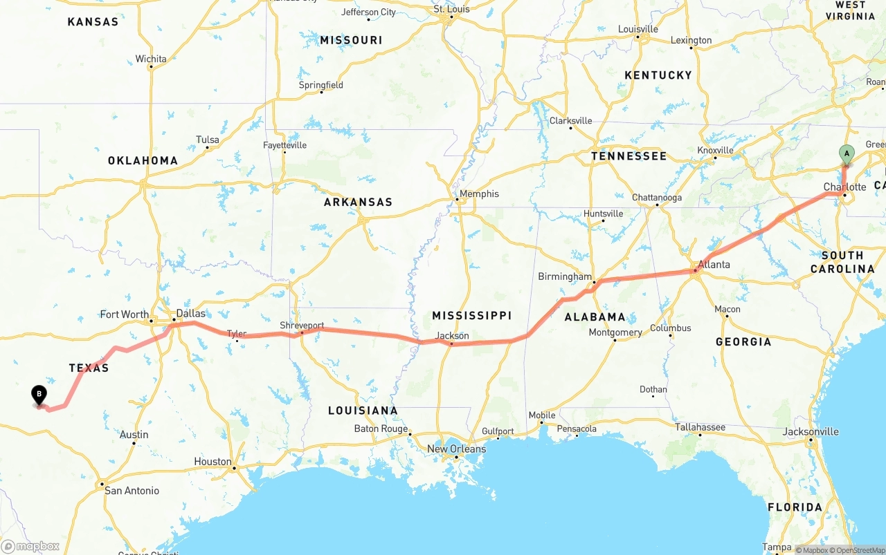 Shipping route from North Carolina to Texas