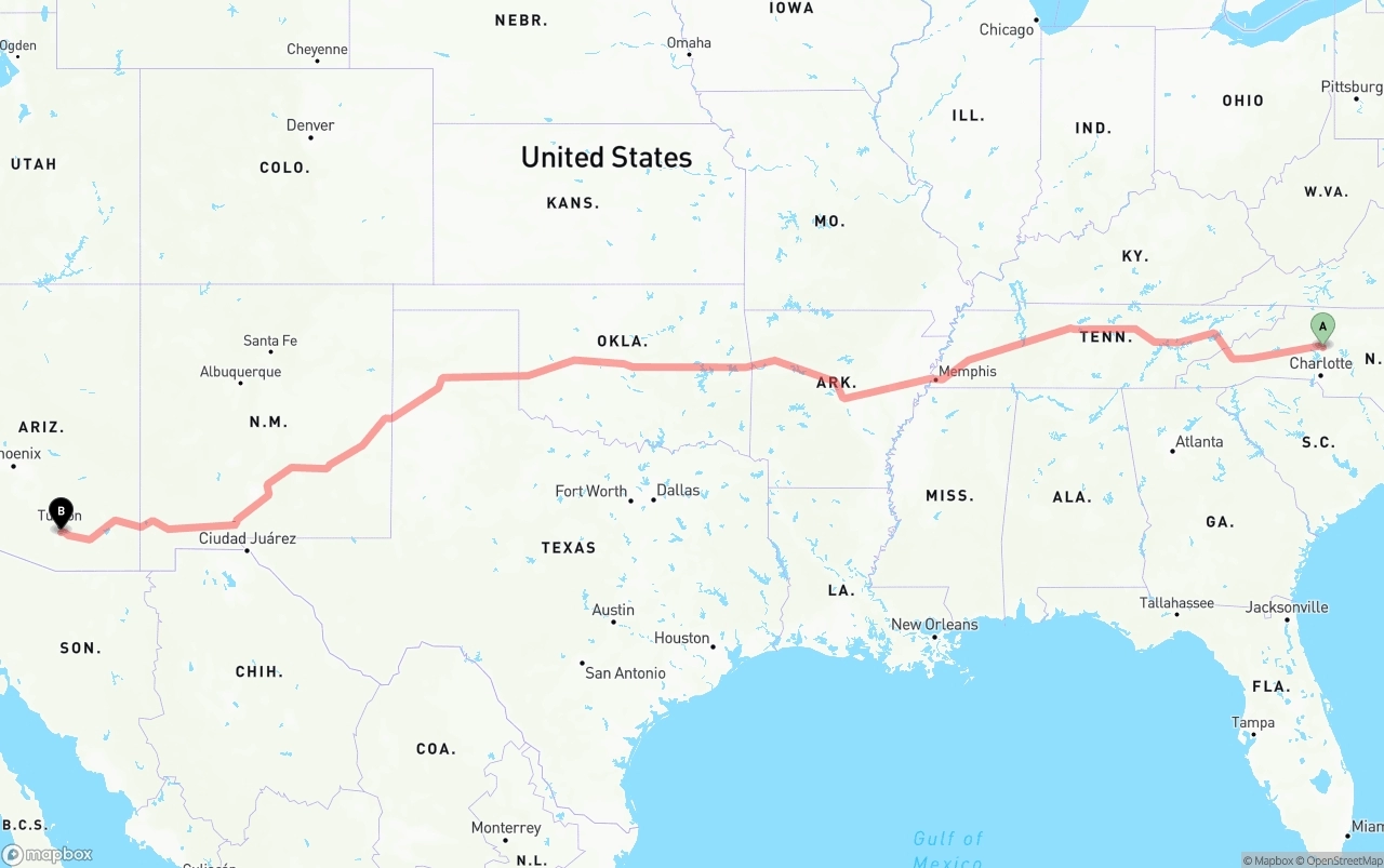 Shipping route from North Carolina to Tucson International Airport