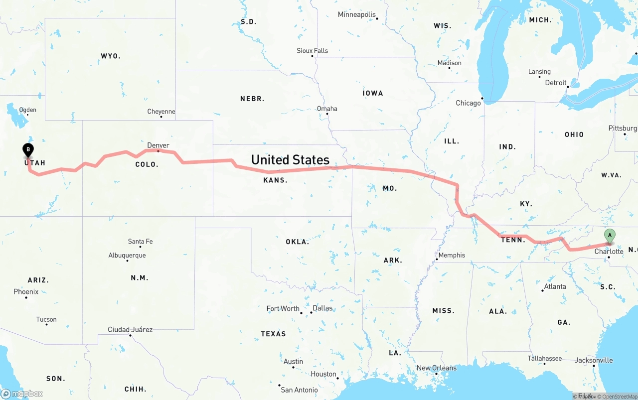 Shipping route from North Carolina to Utah