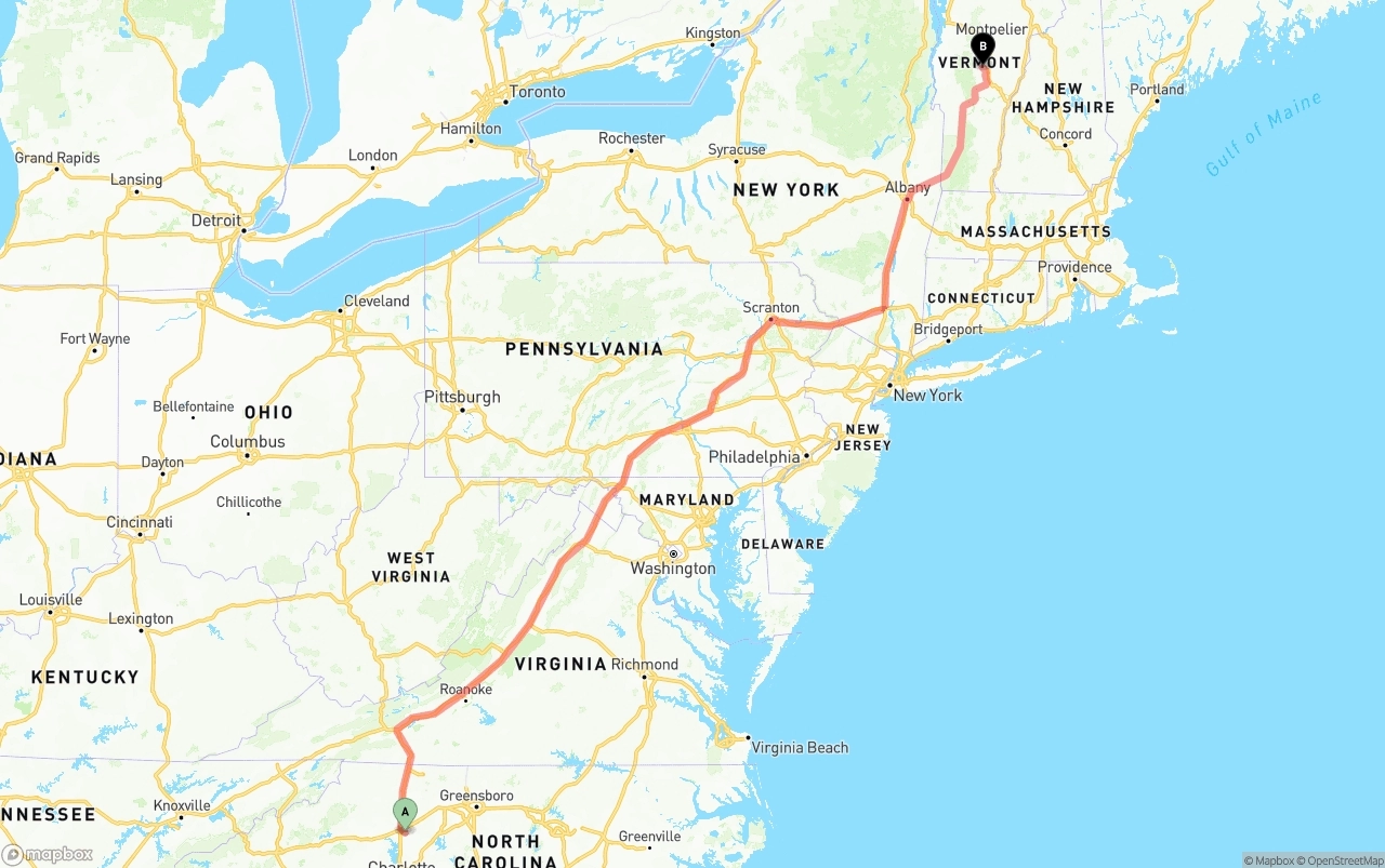 Shipping route from North Carolina to Vermont