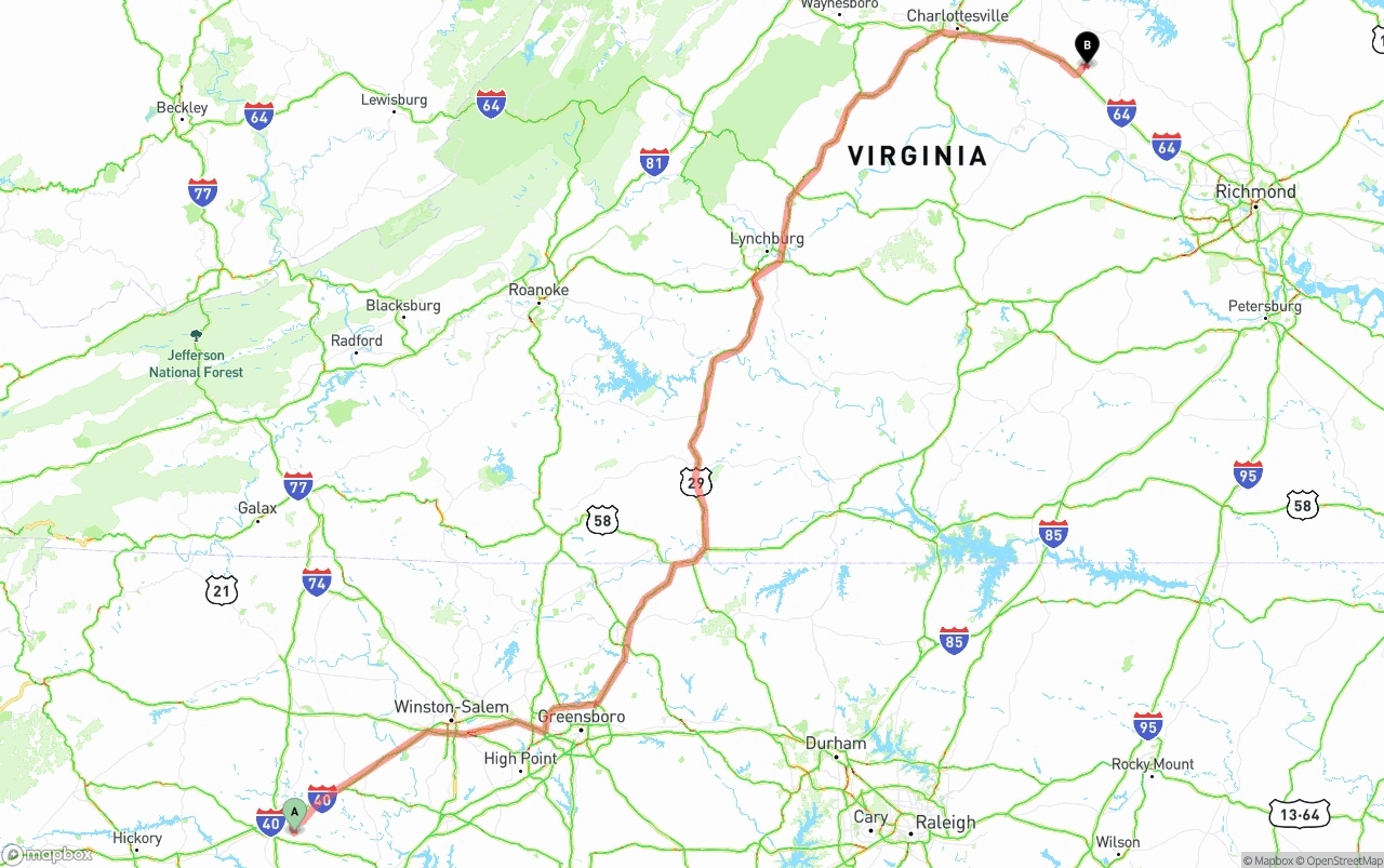 Shipping route from North Carolina to Virginia