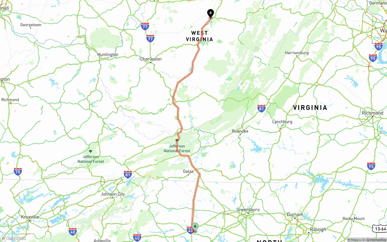 Shipping route from North Carolina to West Virginia