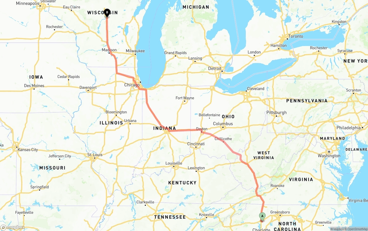 Shipping route from North Carolina to Wisconsin