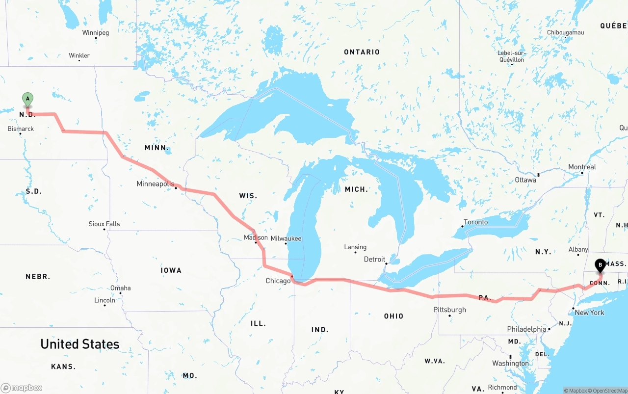 Shipping route from North Dakota to Bradley International Airport