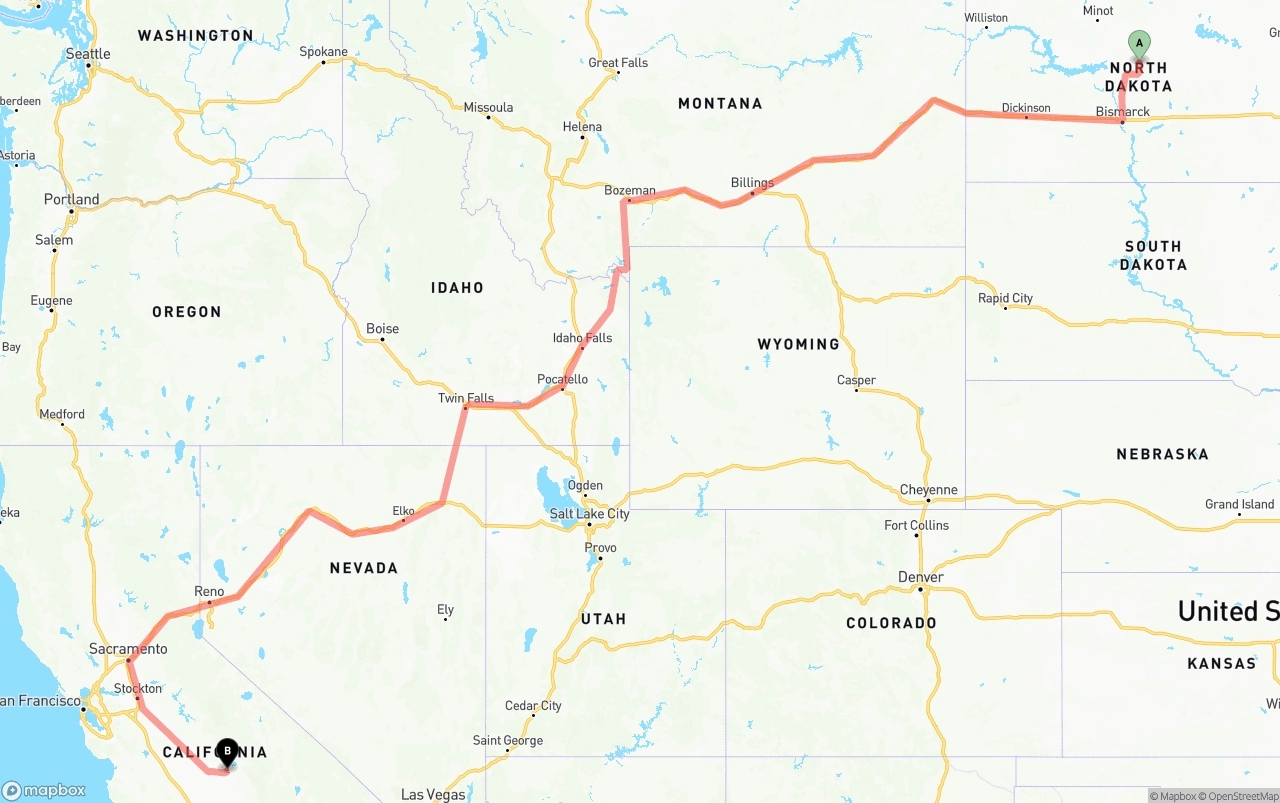 Shipping route from North Dakota to California