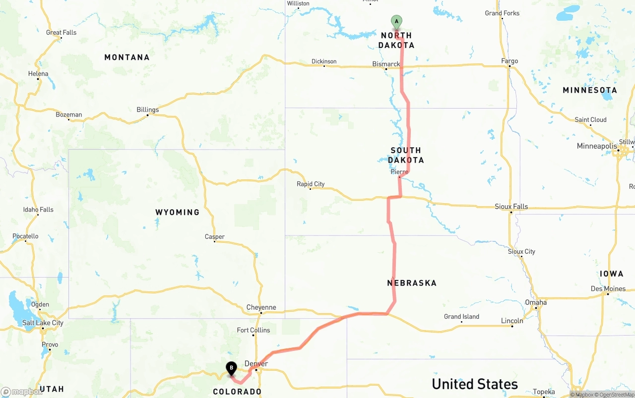 Shipping route from North Dakota to Colorado