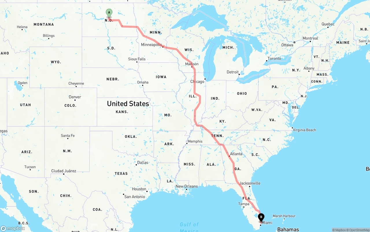 Shipping route from North Dakota to Fort Lauderdale-Hollywood International Airport