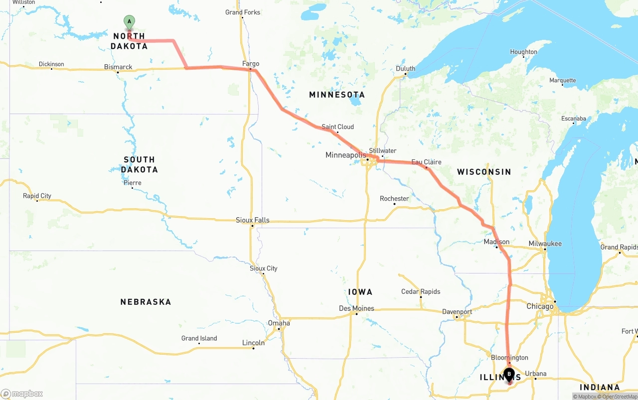 Shipping route from North Dakota to Illinois