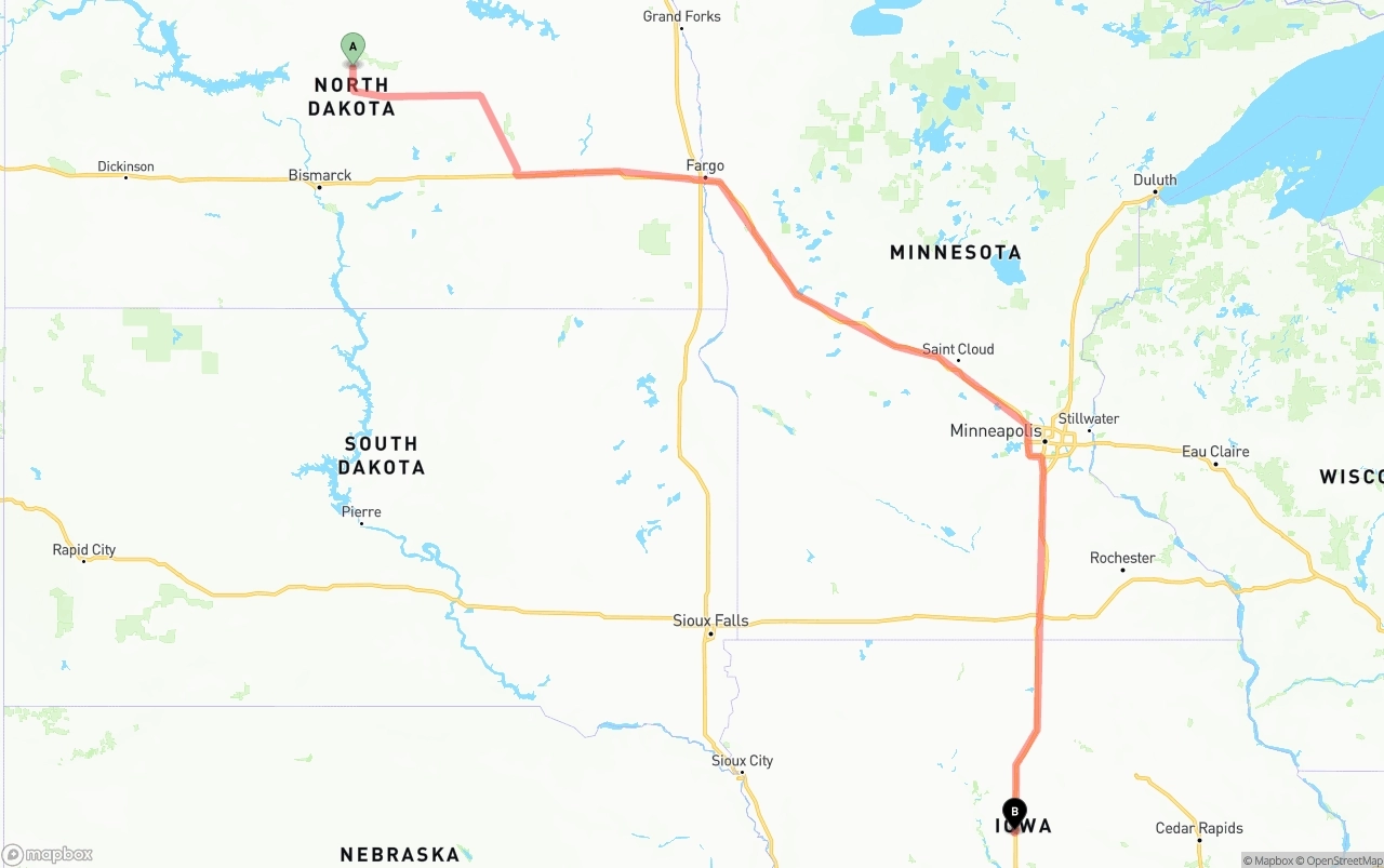 Shipping route from North Dakota to Iowa