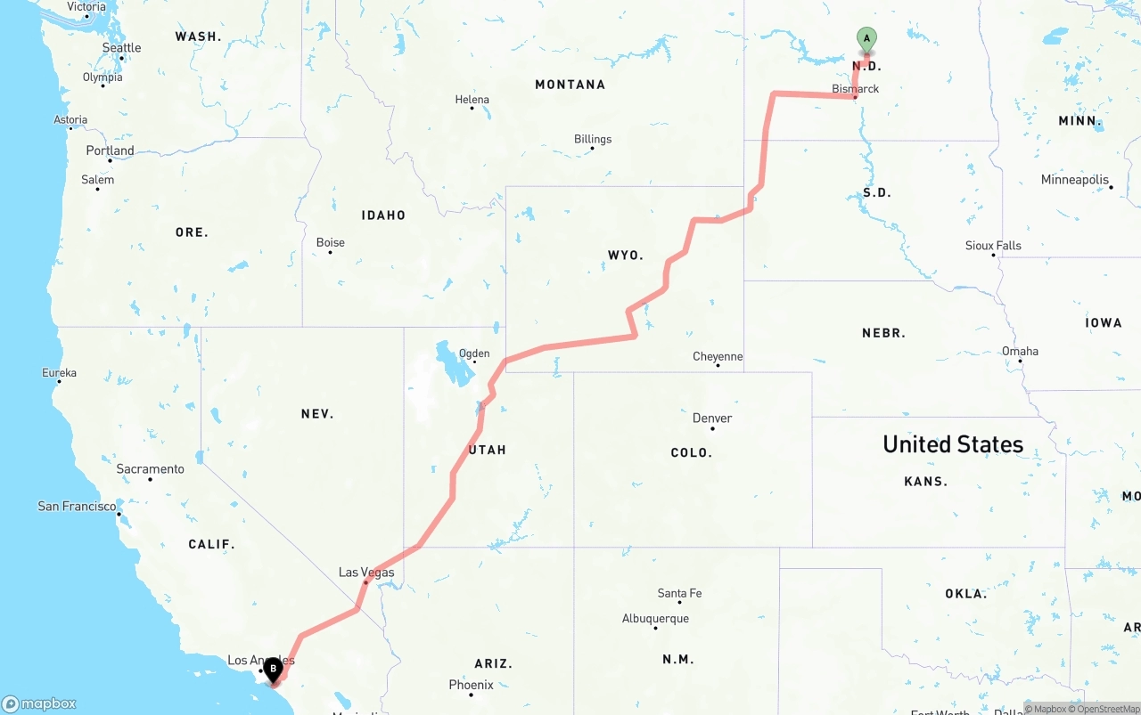 Shipping route from North Dakota to John Wayne Airport — Orange County